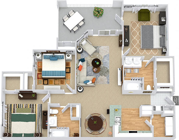 Floor plan for 3 beds, 2 baths, 1416 sqft